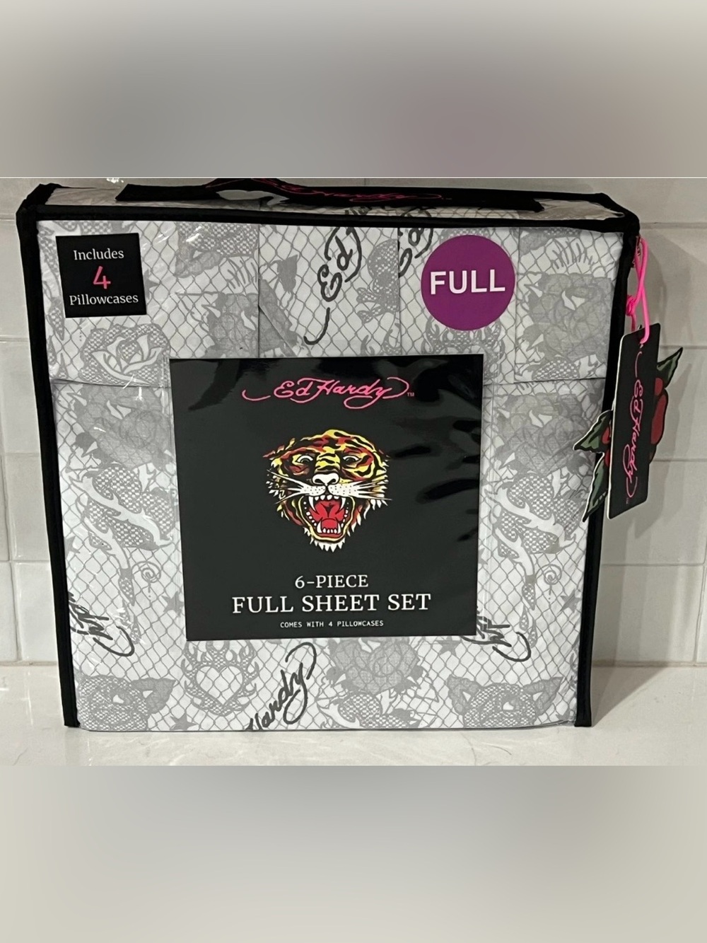 ED HARDY FULL Sheet Set 6pc New Skull Roses Heart Tattoo Grunge Y2K White Gray